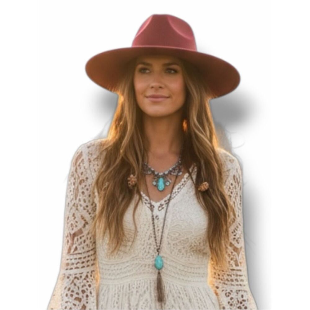 Burgundy Red Tall Teardrop Crown Wide Brim Rancher Fedora Hat NEW